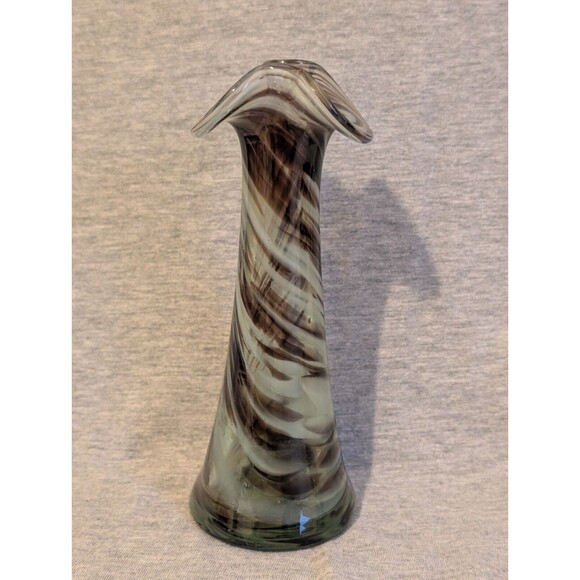 Vintage 1970s Hand Blown Swirl Ribbon Glass Vase Brown White 6.5" t x 2.5" dia - Picture 4 of 9